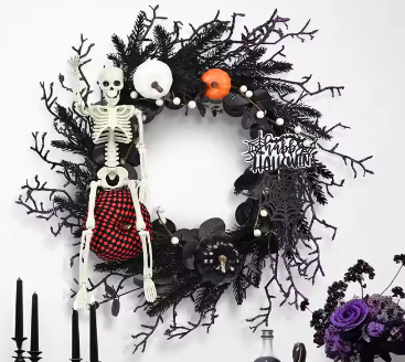 Halloween Wreath Decoration | Spooky Front Door Garland in Black, Orange & Purple
