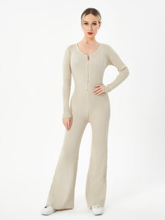 Zippered Round Neck Flared Trousers